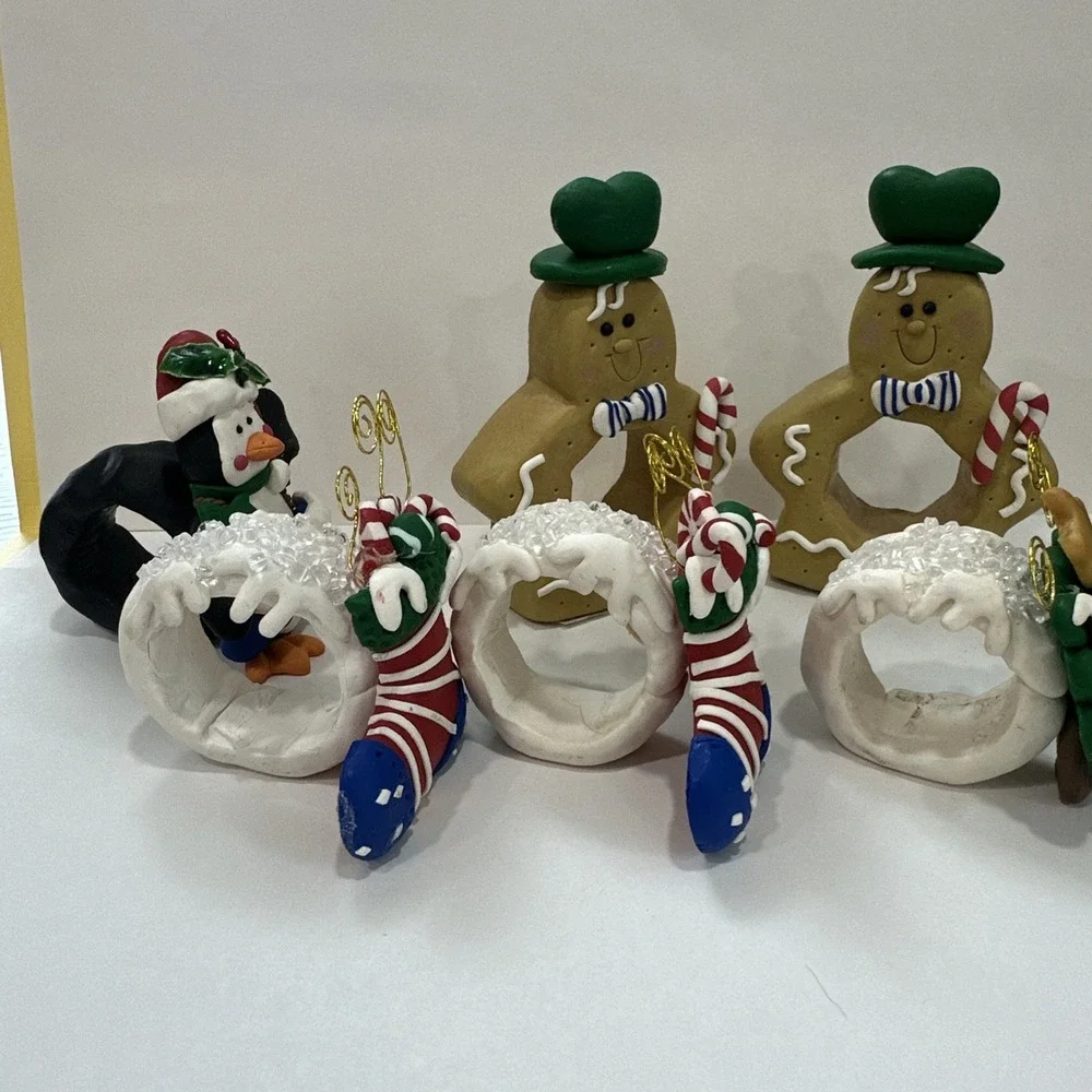 Vtg Christmas Napkin Rings Lot of 6 Handmade Clay Dough Table Decor